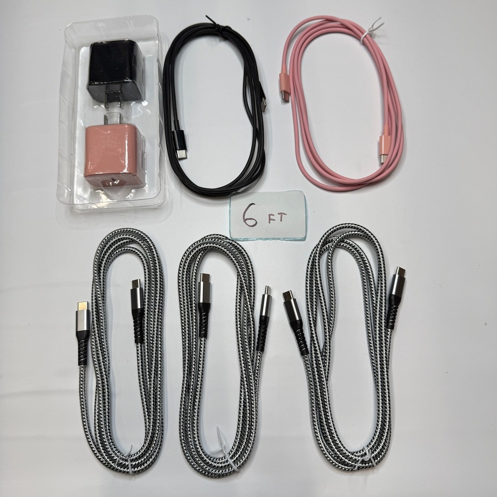 Set of 7 - 5 USB-C to USB-C Fast Charging Cables 6ft, 2 Wall Adapters